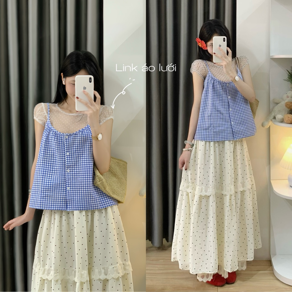 | Hta.boutique | Áo lưới chấm bi xuyên thấu tay bồng nhỏ