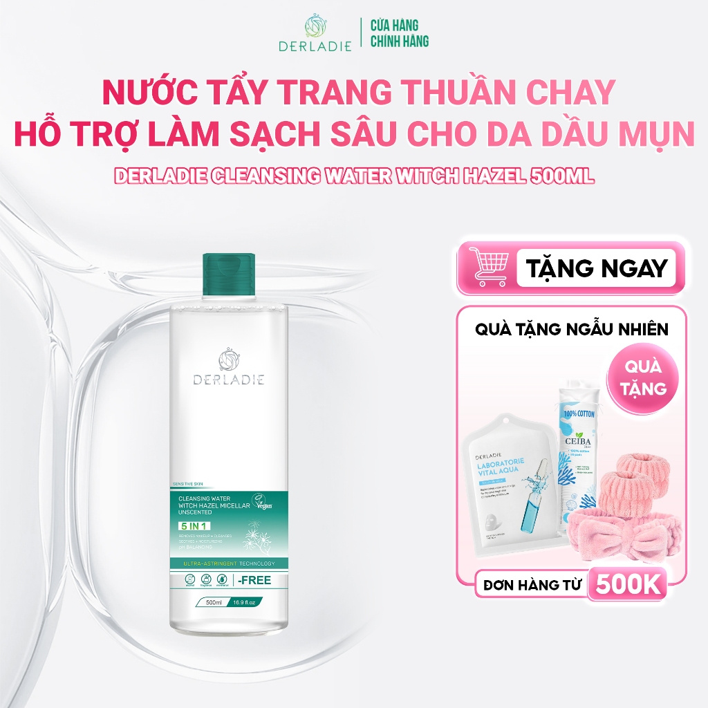 Nước Tẩy Trang Thuần Chay Làm Sạch Sâu Cho Da Dầu Mụn Derladie Cleansing Water Witch Hazel 500ml