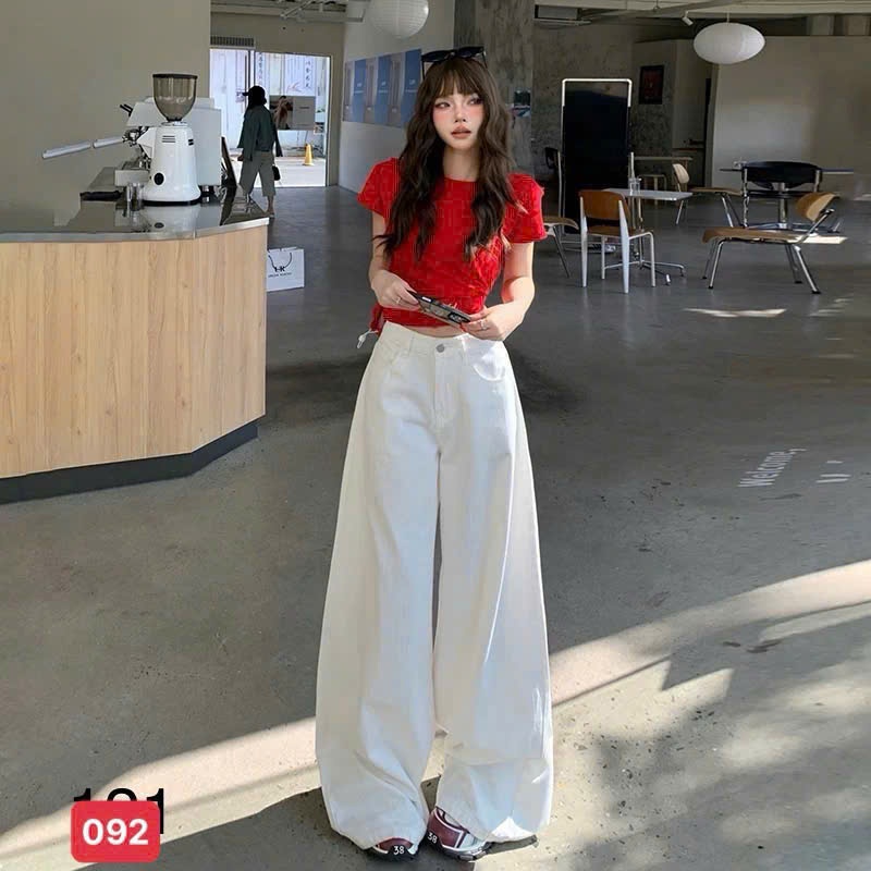 Quần beggy jean nữ màu trắng ống rộng lưng cao ôm eo trẻ trung thoải mái thoáng mát  Tfashion-24h-MS