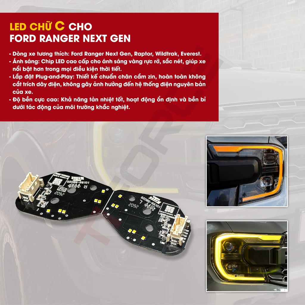 (PLUG & PLAY) MẠCH LED CHỮ C - LED DAYLIGHT CHO FORD RANGER NEXT GEN & RAPTOR