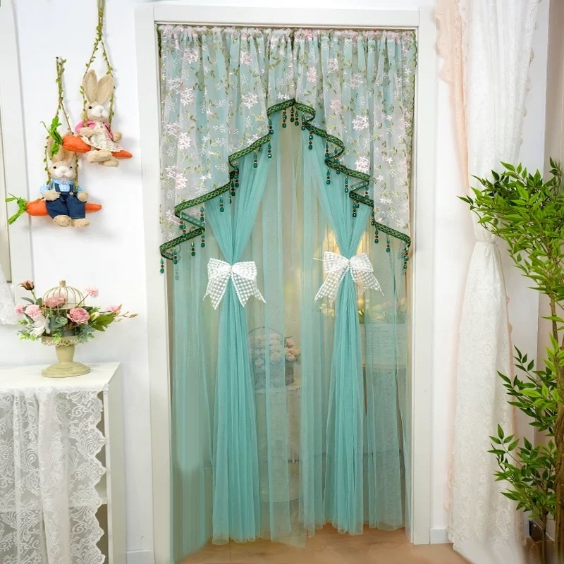 Rèm Voan 2 Lớp Tặng Kèm Thanh Treo Rèm,  Có Đính Kèm Dây Hạt Cườm, thêu hoat, đầy đủ kích thước