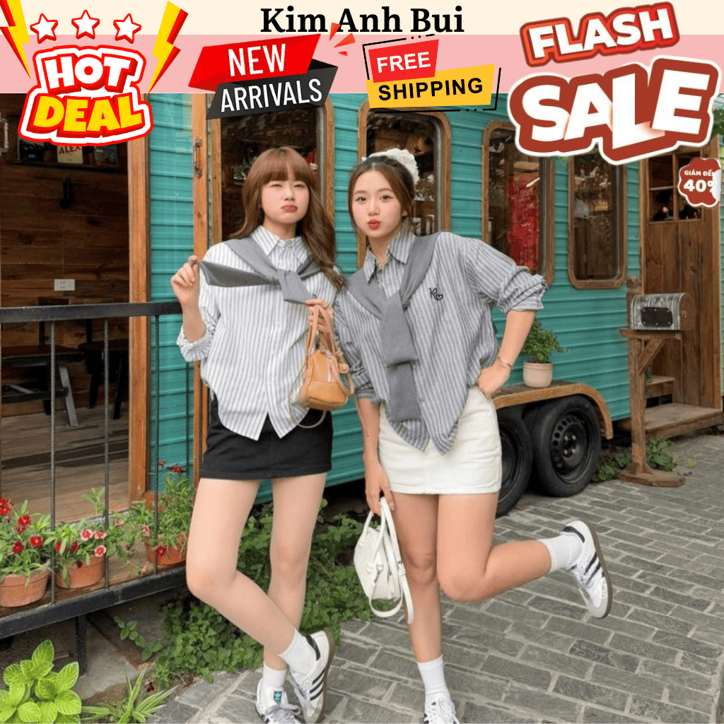 Sơ Mi Nữ Dài Tay Hình Thêu Chất Thô Mềm Kèm Khăn, Sơ Mi Kẻ Nữ Dáng Rộng Kiều Hàn Quốc - Kim Anh Bùi 