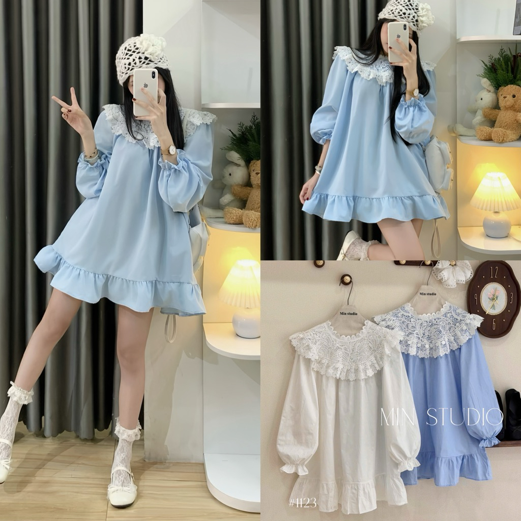 | Hta.boutique | Váy babydoll cổ ren form rộng tay bồng bo chun viền bèo dễ thương