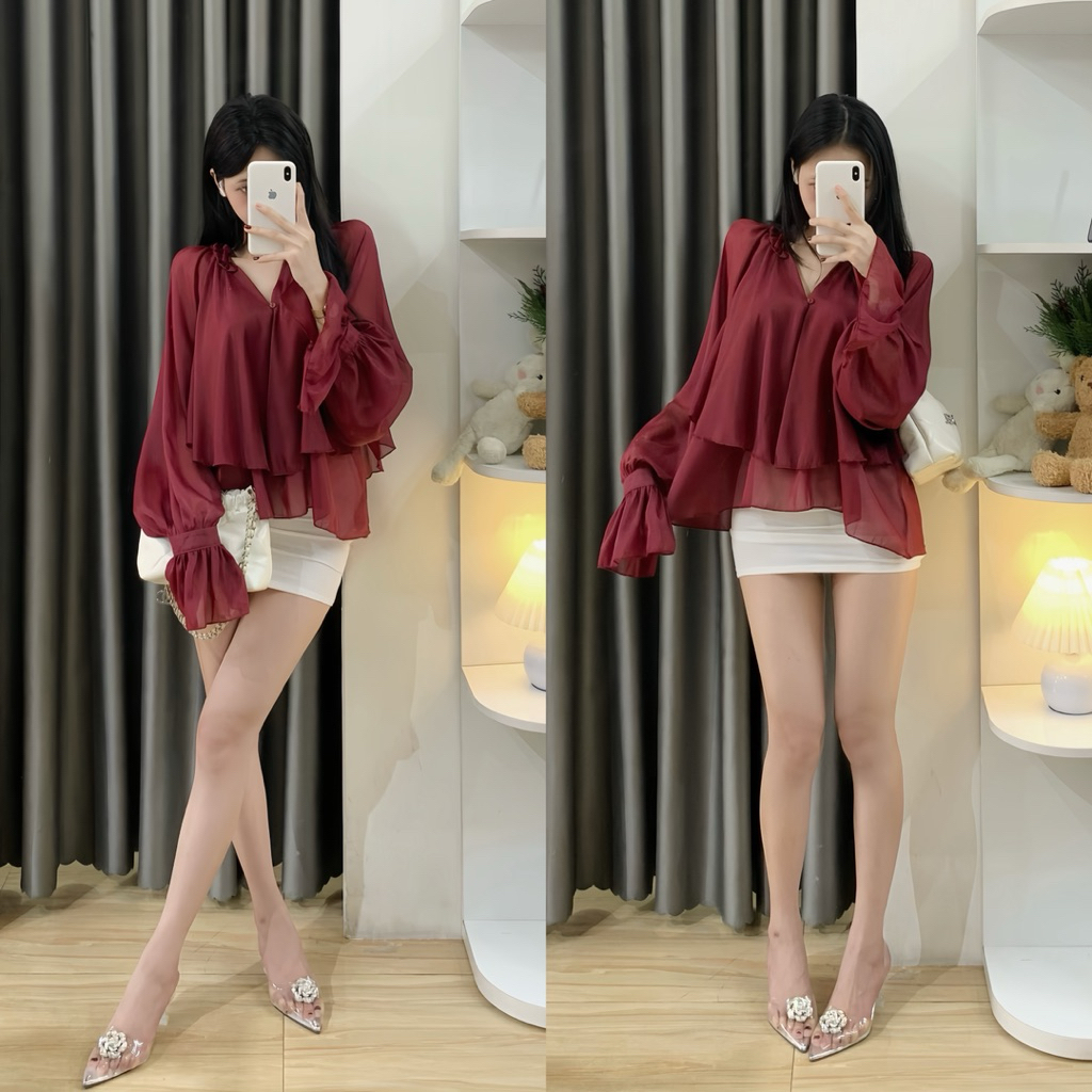 | Hta.boutique | Áo kiểu voan mềm cổ V tay bồng 2 tầng form rộng