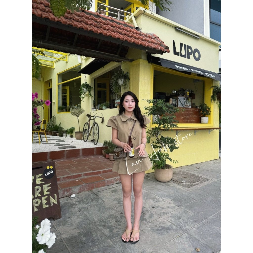 LA04 Set Áo Kaki Tay Hến + Chân váy