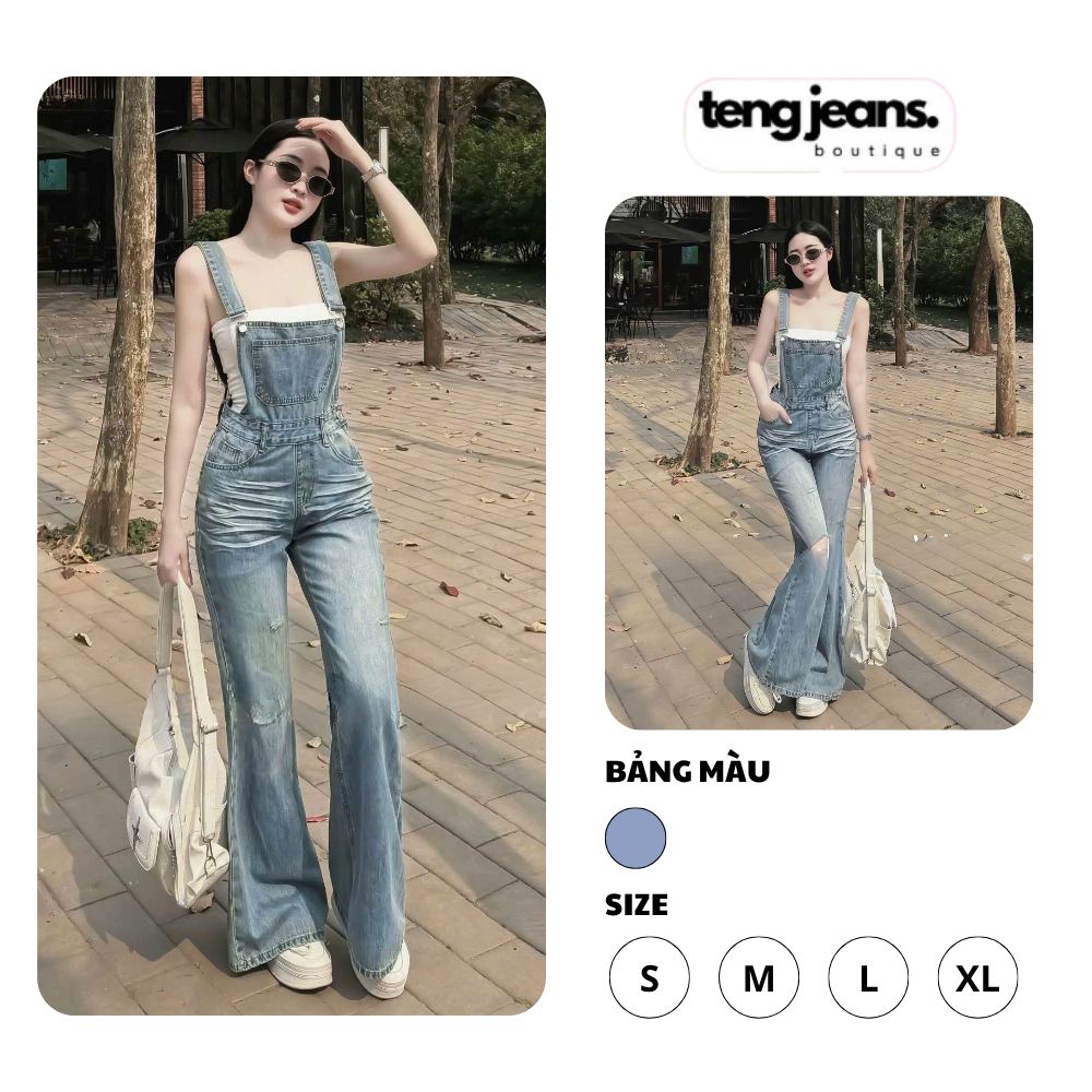 Quần yếm bò nữ ống loe phong cách RETRO MS30, Yếm jean nữ ống loe chất jean mềm ôm dáng