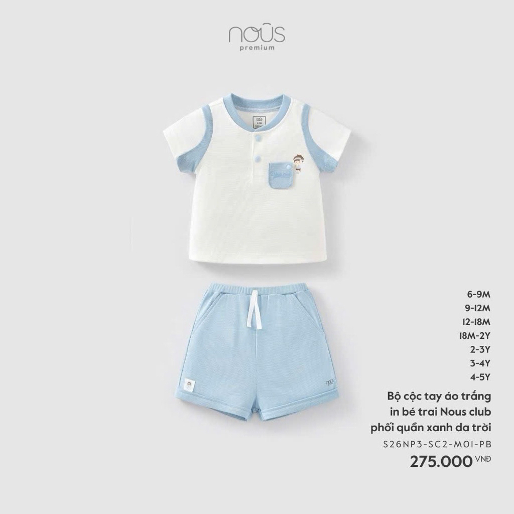 NOUS PREMIUM Bộ cộc tay áo trắng in bé trai Nous club phối quần xanh da trời