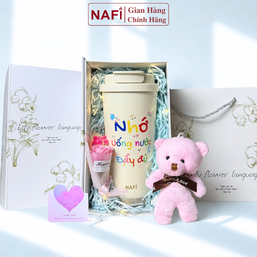 Ly giữ nhiệt NAFI tráng sứ cao cấp 520ml, set quà tặng ly giữ nhiệt ý nghĩa chất liệu inox 316 tráng