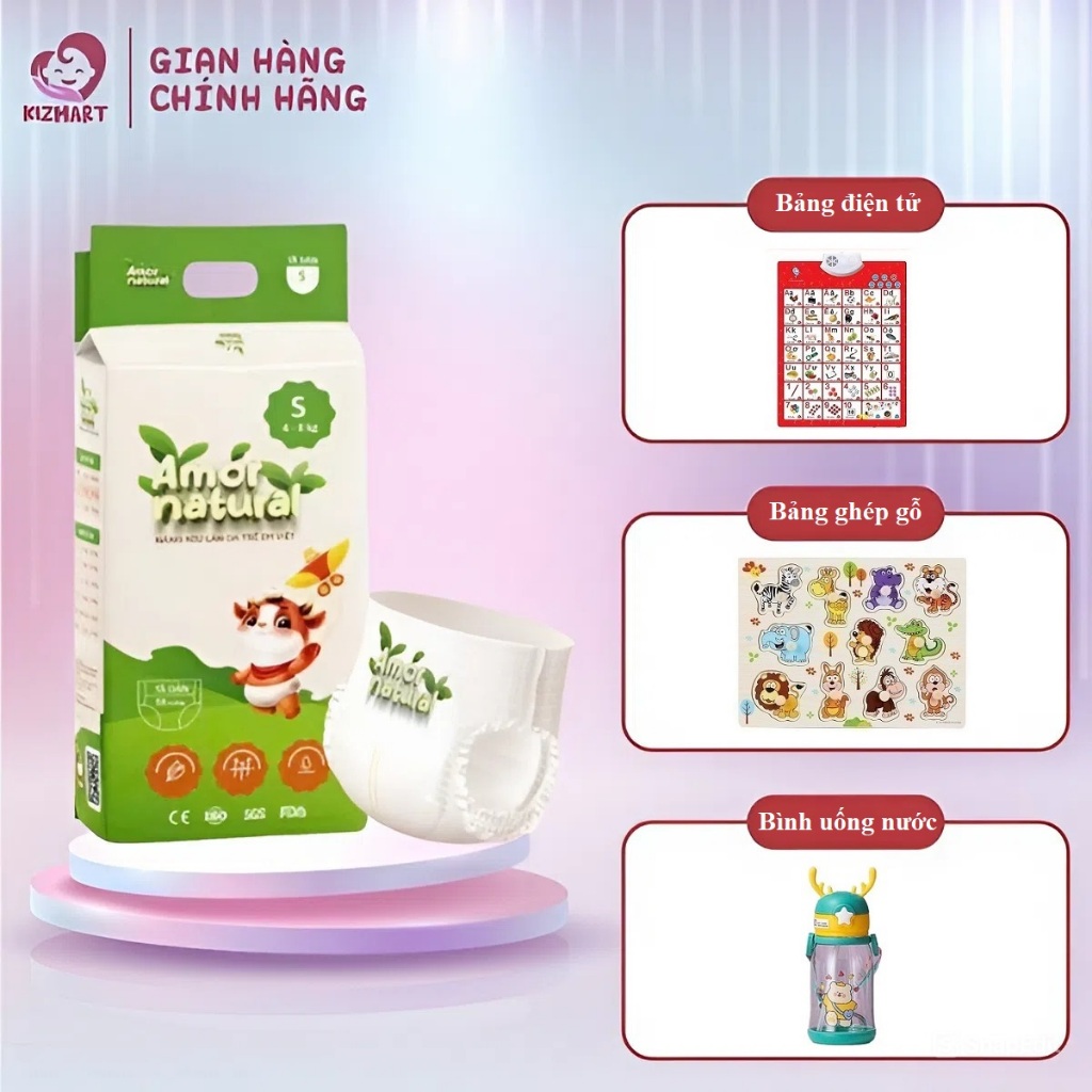 Tã bỉm Amor Natural dán/ quần NB68 S58 M52 M48 L44 XL42 XXL40 XXXL38 XXXXL34 chính hãnġ