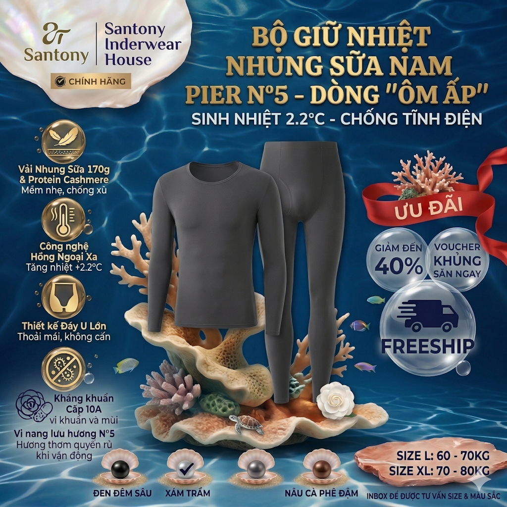 Bộ Quần Áo Giữ Nhiệt Nam Pier N05 Lưu Hương Nước Hoa - Tinh Dầu Hoa Trà Dưỡng Da, Giữ Ấm Vượt Trội