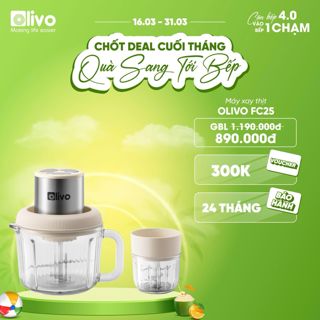 Máy Xay Thịt Đa Năng 2 Cối Thủy Tinh Olivo FC25 2L – Công Suất 300W – 3 Chế Độ - Xay Thịt, Gia Vị - Cối Nhỏ 300ml