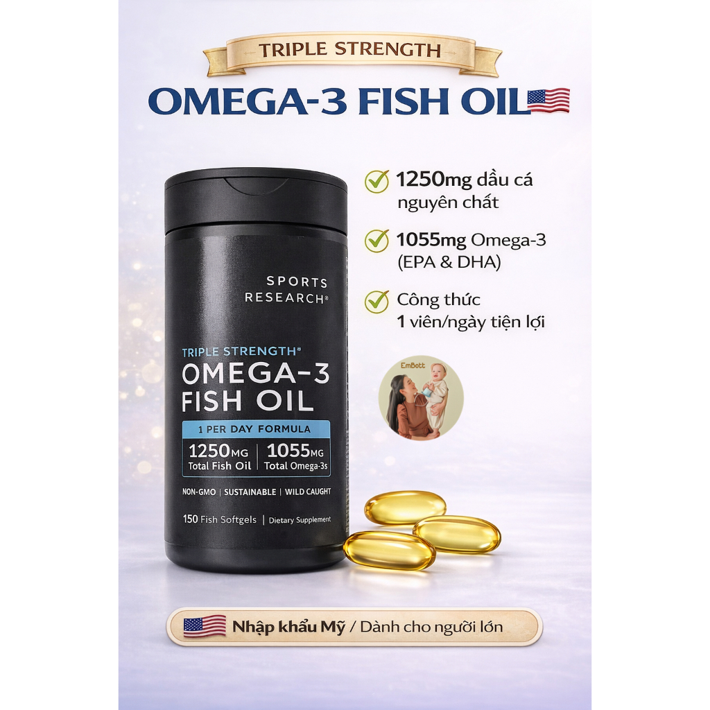 Omega 3 SR Fish Oil Mỹ 1250mg lọ 150v – Dầu Cá Sports Research Memongcon123