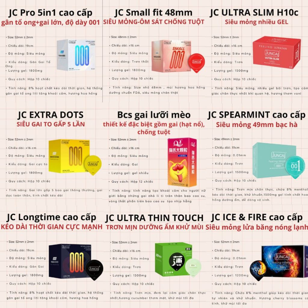 Bao cao su gai Juncai Extra Dot gân gai 3D 10 bcs combo siêu mỏng gân gai bi to size 48 49 55 52 mm kéo dài thời gian