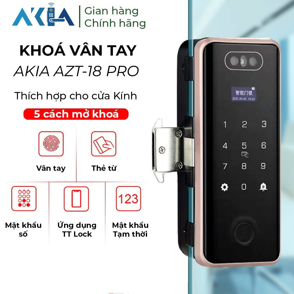 Khóa cửa kính AKIA AZT-18 Pro hỗ trợ Face ID - Lắp đặt dễ dàng, Mở khóa vân tay, Mật khẩu, Thẻ từ, Ứ