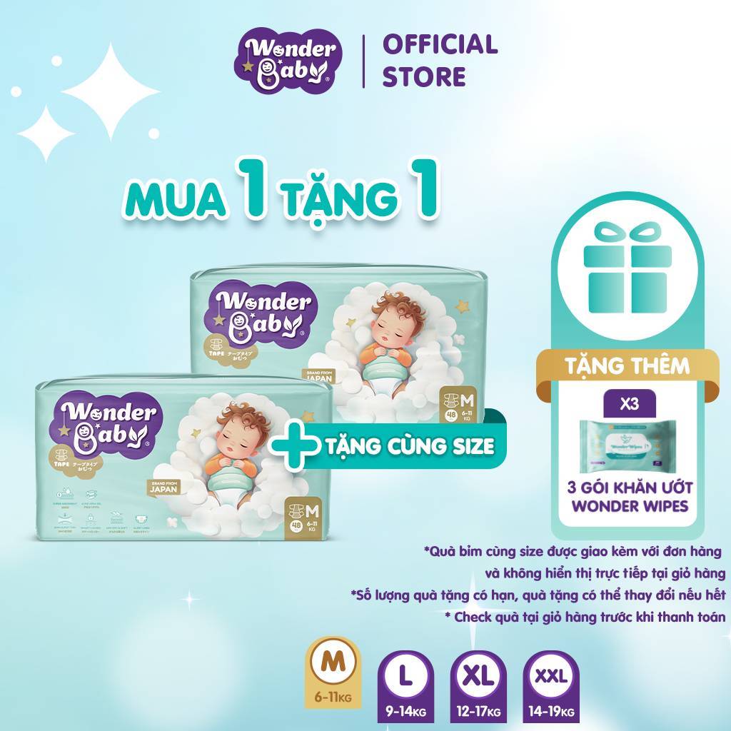 [MUA 1 TẶNG 1 CÙNG SIZE] Tã/Bỉm quần Thương Hiệu Nhật Bản WONDER BABY 5 Lớp Siêu Thấm Hút, Size M62/L42/XL39/XXL36