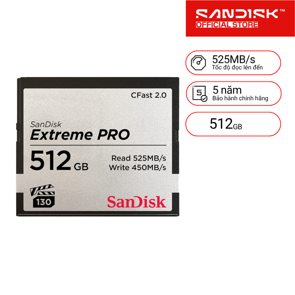 Thẻ nhớ Cfast 2.0 SanDisk Extreme Pro 3500x 512GB upto 525MB/s SDCFSP-512G-G46D - Bảo Hành 5 năm
