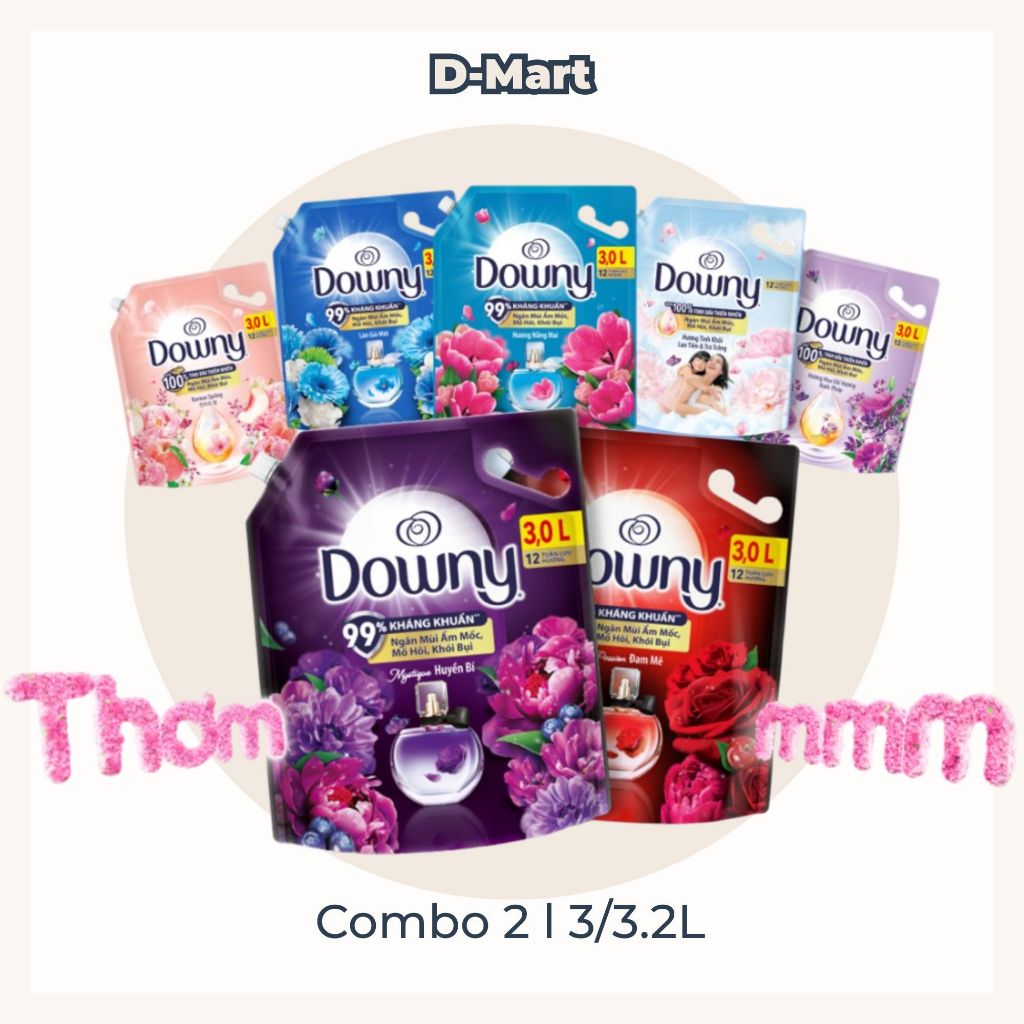 Nước Xả Vải Downy 3L / 3.2L | Combo 2 Túi Tiết Kiệm | Đủ Mùi Lưu Hương 12 Tuần [Giao Hỏa Tốc]