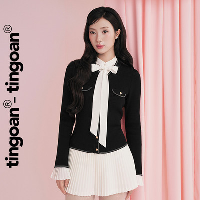 TINGOAN® - Áo khoác dệt kim đen cổ V phối viền line áo PONY HONEY CARDIGAN/BL