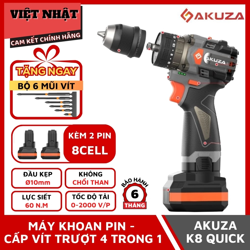 Máy Khoan AKUZA K8 QUICK Đầu 4 trong 1, không chổi than, đầu kẹp 10mm, lực siết 60N.m