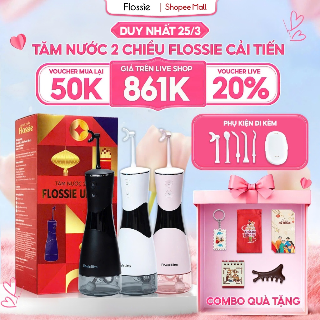 [giá 818k tại live shop] tăm nước 2 chiều flossie ultra vòi phun 2 chiều đầu xoay 360 độ phù hợp người niềng răng, lis