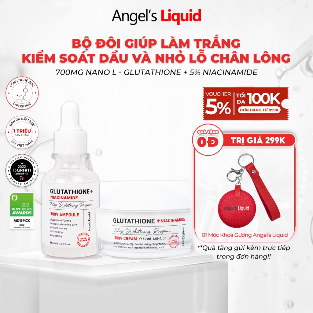 Bộ Sản Phẩm Serum, Kem Dưỡng Trắng Se Khít Lỗ Chân Lông Angel's Liquid Glutathione Plus Niacinamide Serum & Cream
