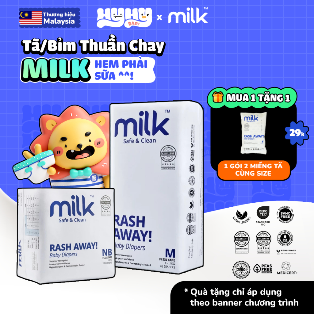 Tã Bỉm Thuần Chay MILK Malaysia Cao Cấp Cho Bé - Bỉm Dán Và Quần Siêu Thấm Hút, Siêu Mềm, An Toàn Ch
