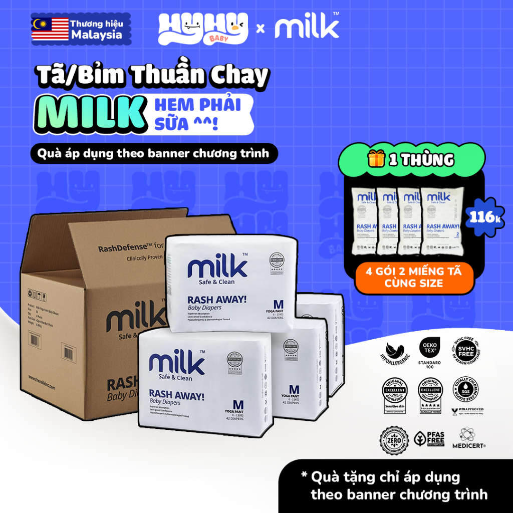 [COMBO 1 THÙNG 4 BỊCH] Tã Bỉm Thuần Chay MILK Malaysia Cao Cấp Cho Bé - Bỉm Dán Và Quần Siêu Thấm Hú