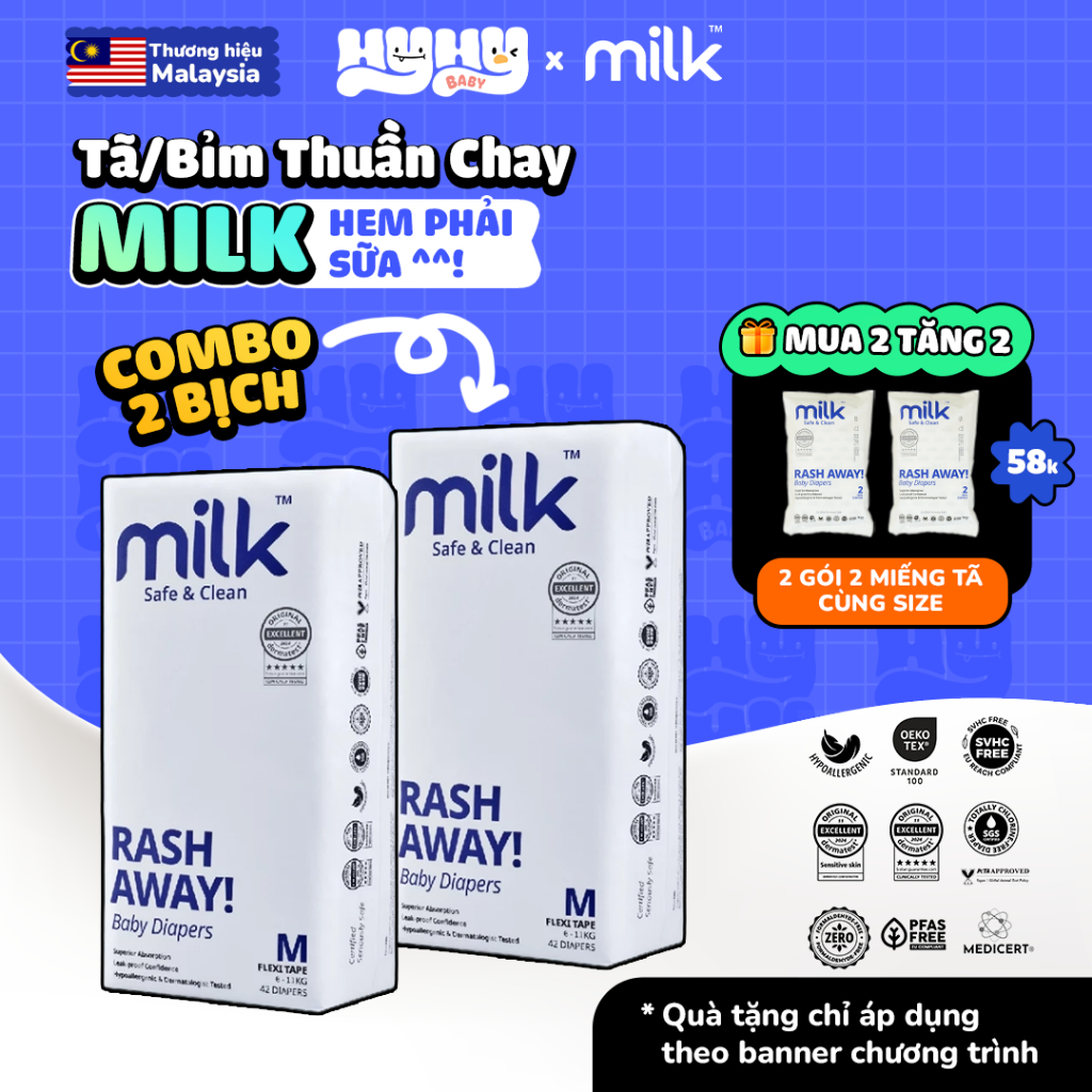 [COMBO 2 BỊCH] Tã Bỉm Thuần Chay MILK Malaysia Cao Cấp Cho Bé - Bỉm Dán Và Quần Siêu Thấm Hút, Siêu 