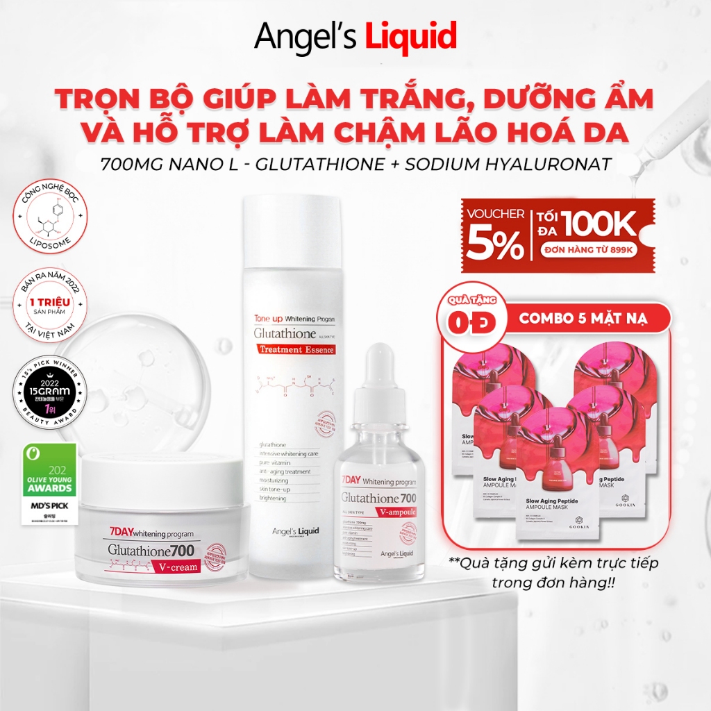 Bộ 3 sản phẩm Nước Thần, Serum, Kem Dưỡng Trắng Cấp Ẩm Đa Tầng Angel's Liquid Whitening Program Glutathione