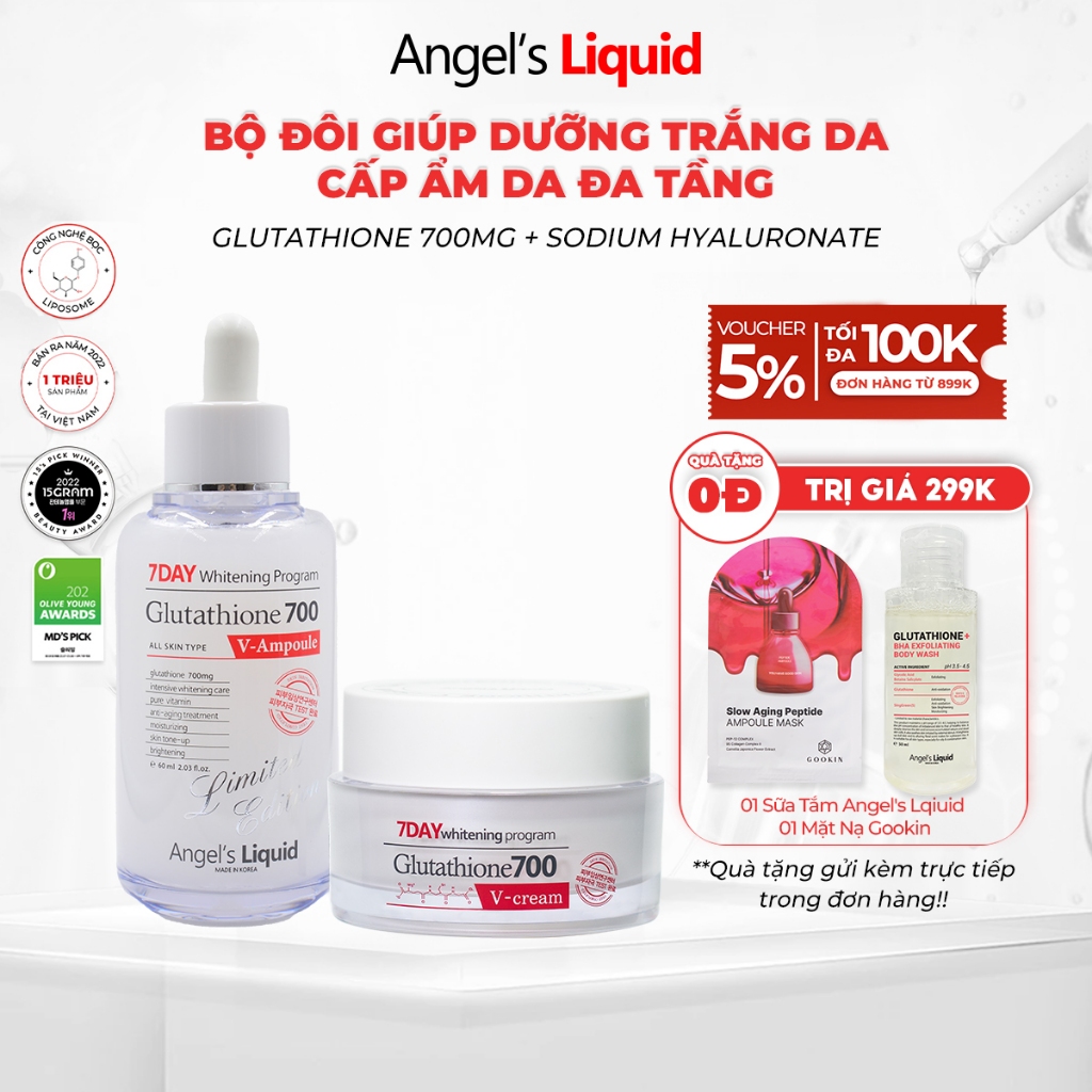 [phiên bản 60ml] Combo Serum, Kem Dưỡng Trắng Da, Cấp Ẩm Đa Tầng Angel's Liquid Glutathione 700mg + 