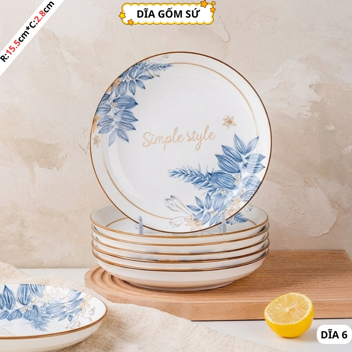 Combo đĩa gốm sứ 15.5cm hạo tiết hoa Simple, Dĩa gốm sứ 6 inch