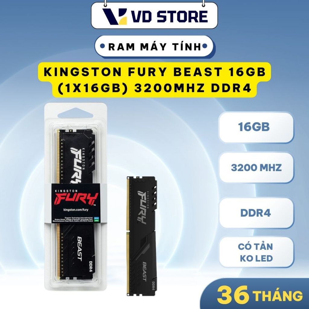Ram Kingston Fury Beast 16GB DDR4 | (1x16GB), 3200MHz, Intel/AMD KF432C16BB1/16WP