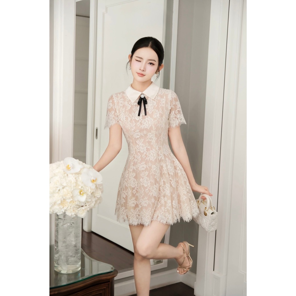 (UnihomePREMIUM) (40-80kg) Đầm Váy Ren Cổ Sơ Mi Cài Nơ Form Chiết Eo Mặc Đi Tiệc (Có BigSize) CV450