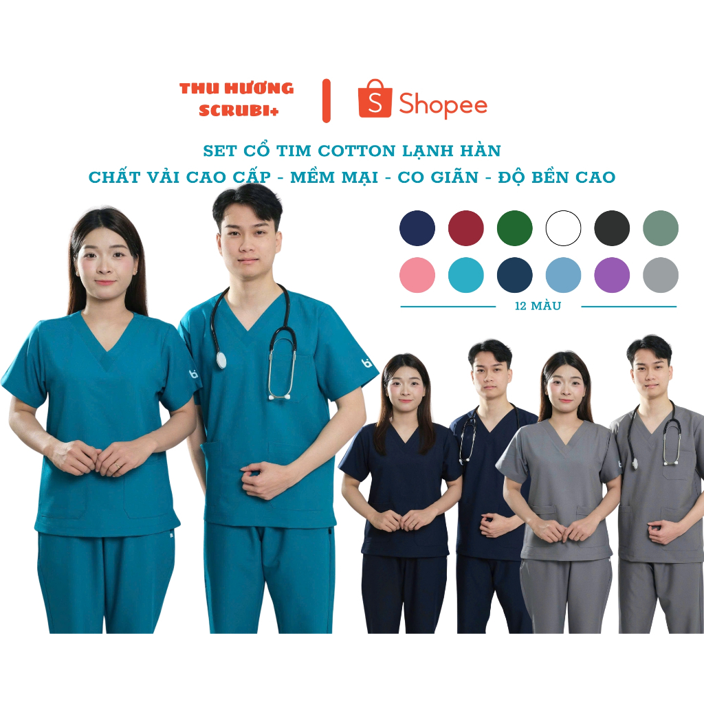 Bộ Scrubs Cao Cấp COTTON, Bộ Đồ Cổ Tim Mầm non, Bệnh viện,Spa, Bộ điều dưỡng