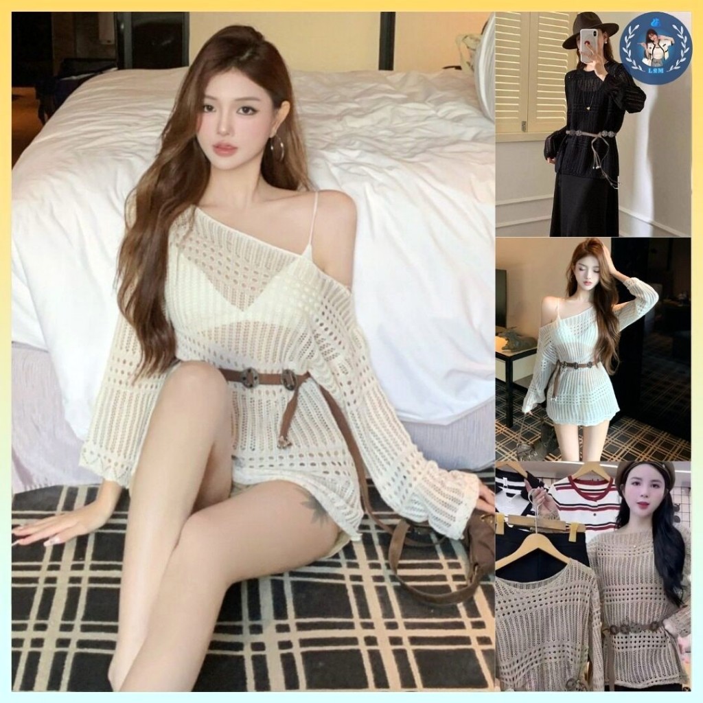 💥[A482] SET Áo len montoghi LƯỚI HỌA TIẾT TRÒN DỌC form rộng KÈM ĐAI ĐỒNG XU đi biển dễ phối - L2M