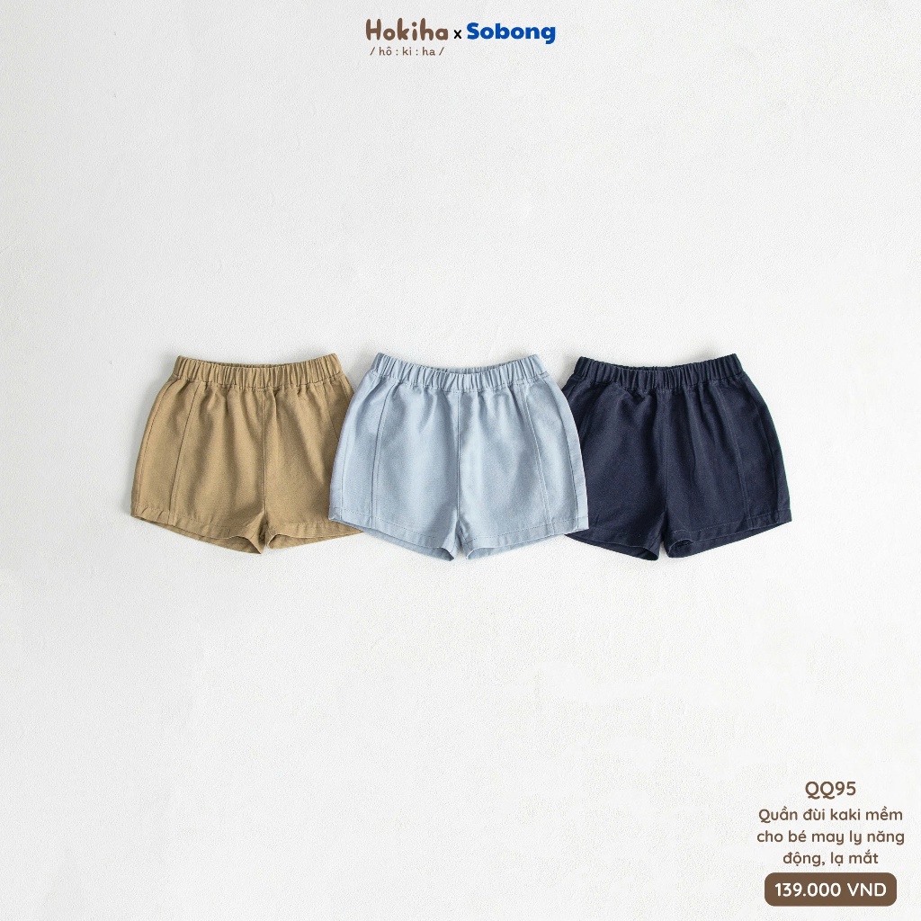 Quần đùi kaki may ly năng động cho bé trai, bé gái Hokiha vải kaki mềm, thoáng mát size 8-17kg QQ95