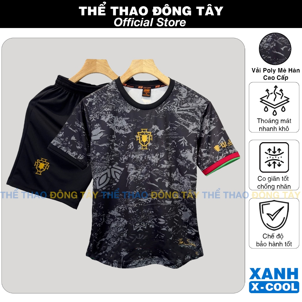 Bộ Quần Áo Bóng Đá ĐT Bồ Đào Nha Đen CR7 Siu - Vải Thun Mè Hàn X-Dry Cao Cấp Thoáng Mát, Logo Thêu -