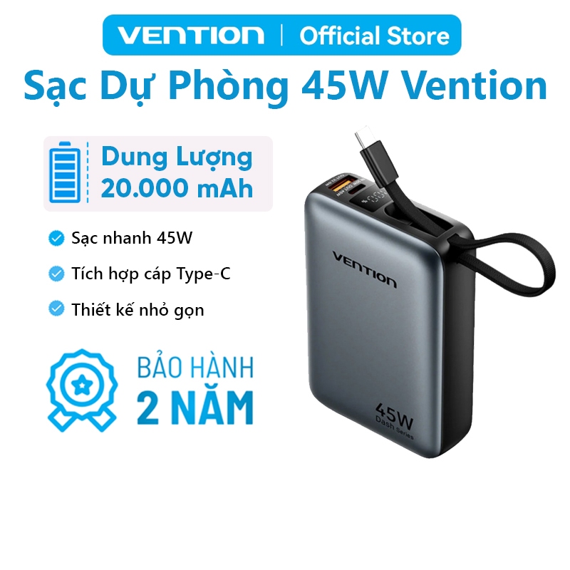 Sạc Dự Phòng 20000mAh 45W Vention PD3.0 Tốc Độ Cao,Thiết Kế Nhỏ Gọn, Tích Hợp Dây Type-C, Cho Điện Thoại,Tai Nghe,Tablet