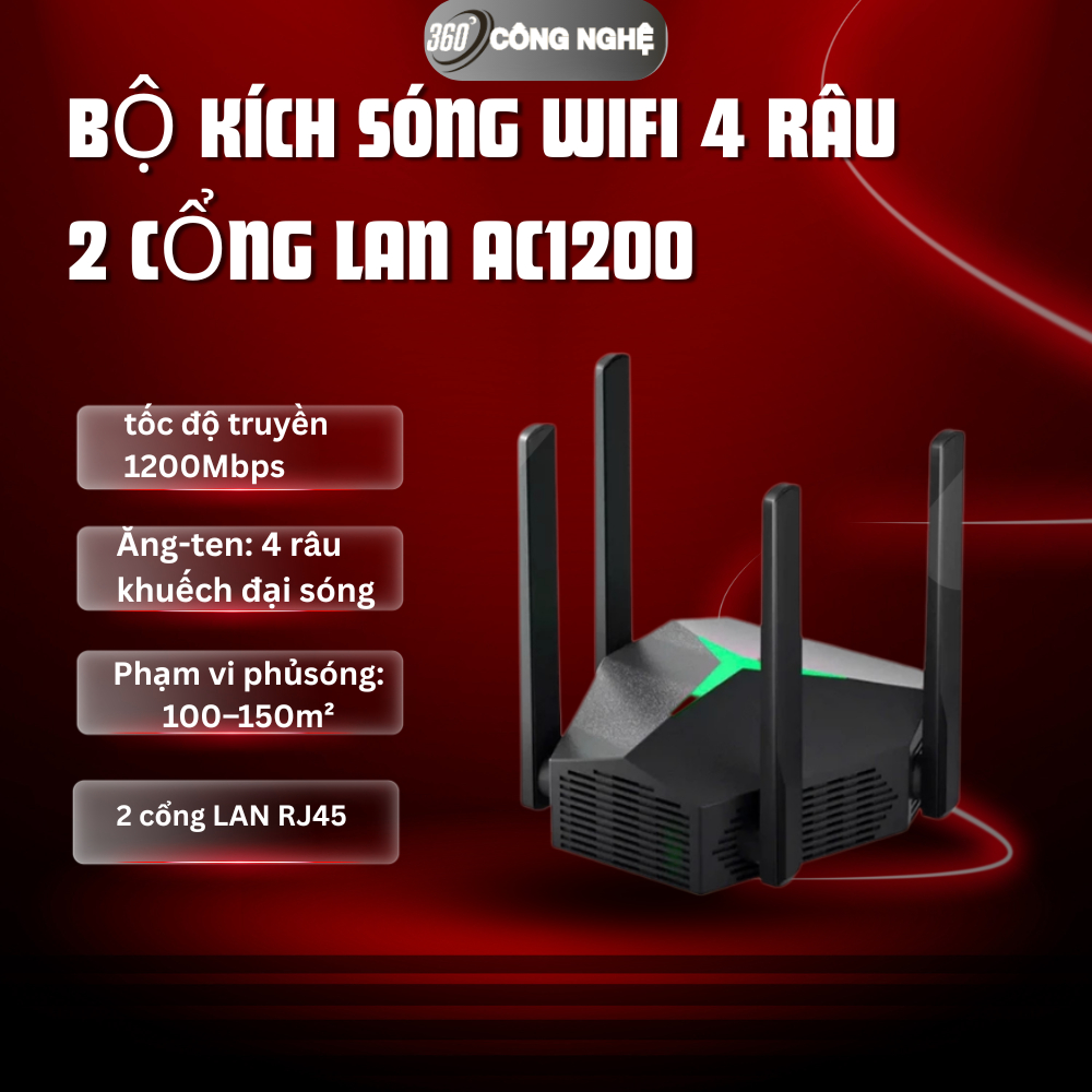 Kích Sóng WiFi 4 Râu 1200mbps, Ba Chế Độ Mở Rộng WIFI, 2 Cổng Lan Tốc Độ Cao, Băng Tần Kép 2.4ghz/5ghz Cực Mạnh