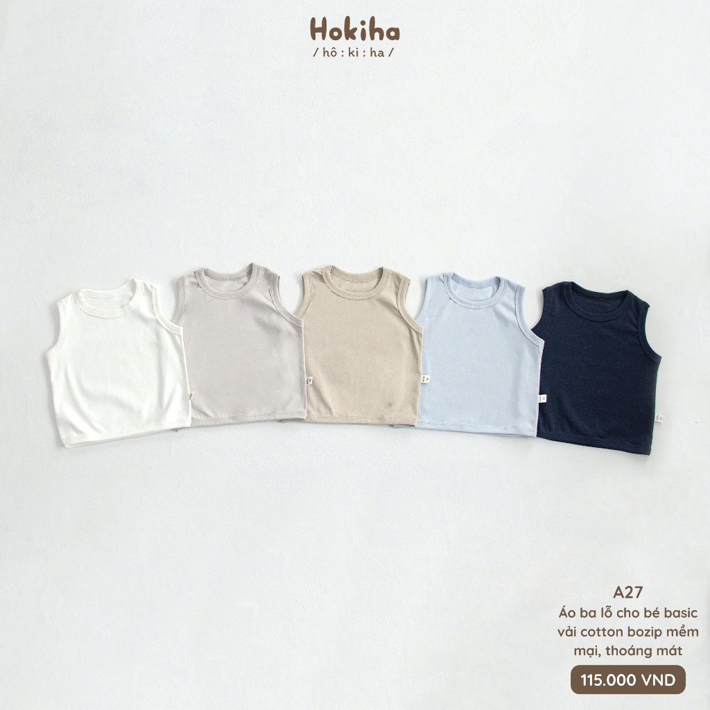 Áo ba lỗ trơn cho bé trai, bé gái Hokiha vải cotton bozip mềm mại, thoáng mát size 8-17kg A27