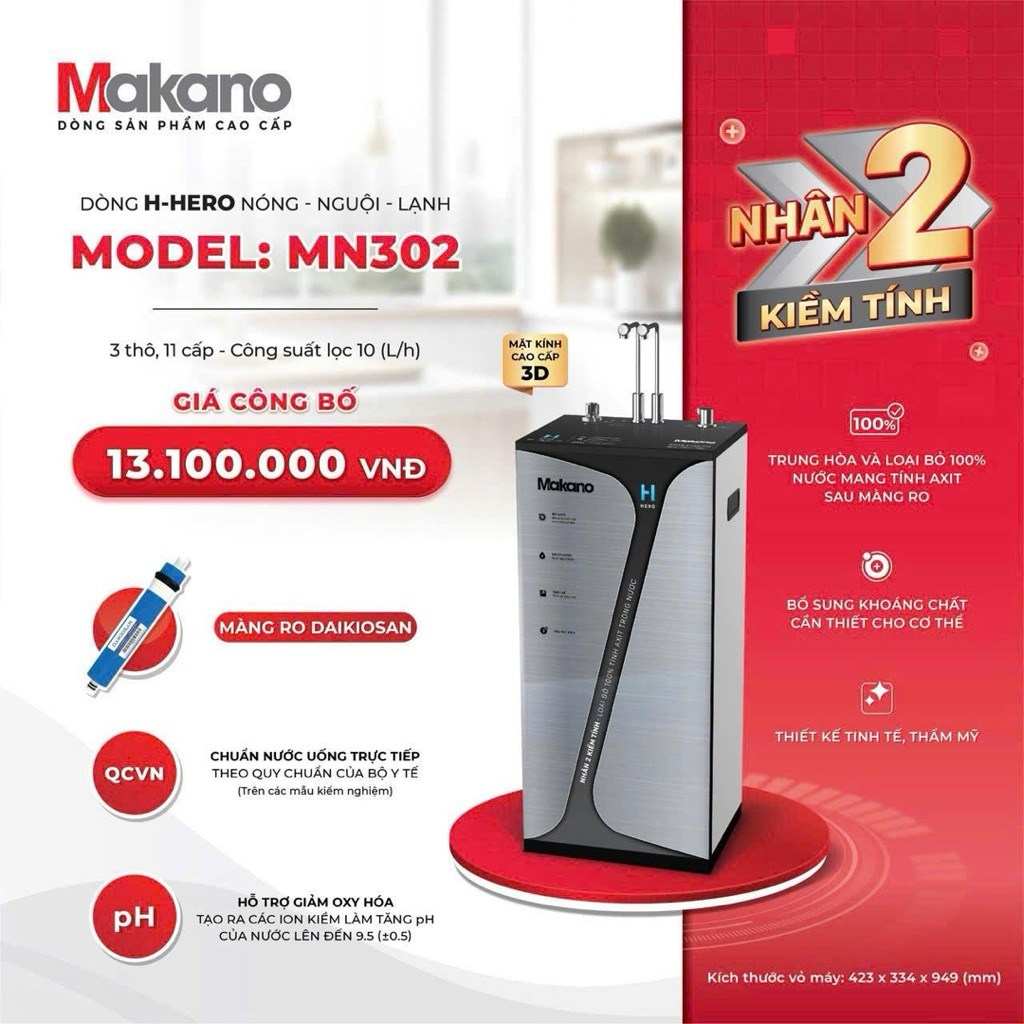 Máy lọc nước RO H-HERO nóng nguội lạnh Makano MN302– Tạo Nước Kiềm Uống Trực Tiếp, Bảo Vệ Sức Khỏe