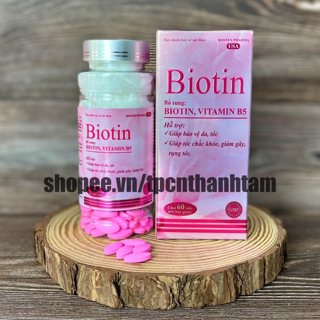 Viên uống BIOTIN CHAI 60V bổ sung biotin, vitamin B5 giúp giảm rụng tóc, bảo vệ da