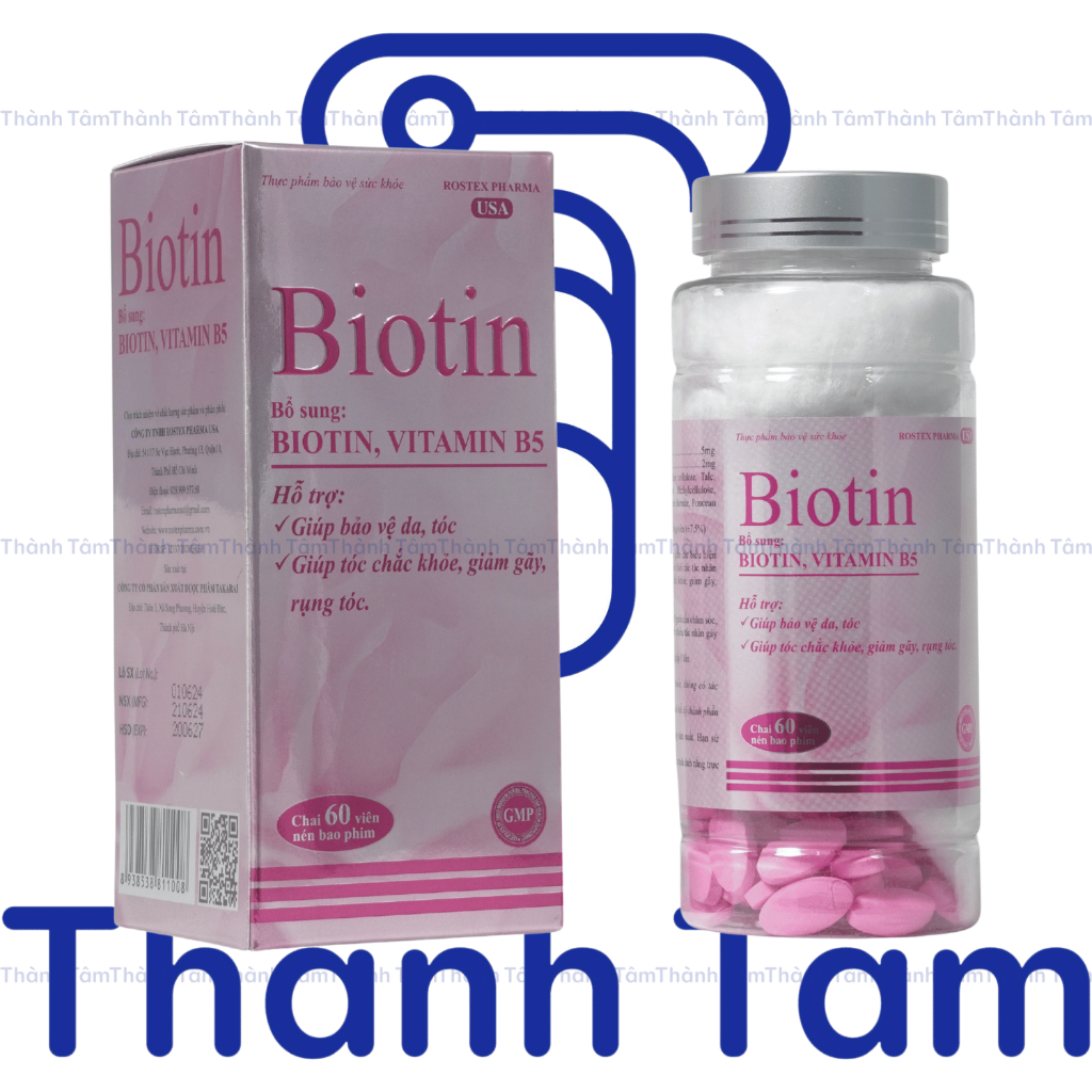 Viên uống BIOTIN CHAI 60V bổ sung biotin, vitamin B5 giúp giảm rụng tóc, bảo vệ da