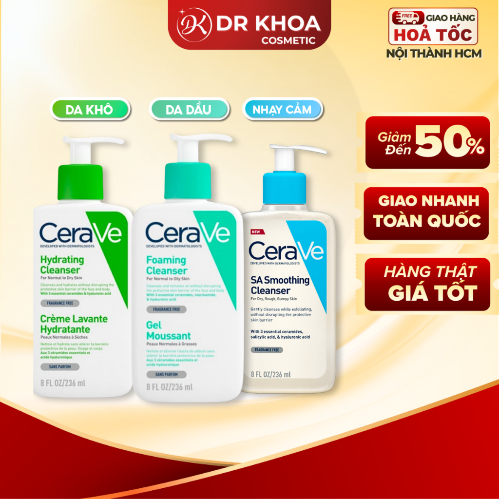 Sữa Rửa Mặt CeraVe Foaming, SA Smoothing, Hydrating Cleanser Cho Mọi Loại Da 88ml – 236ml – 473ml