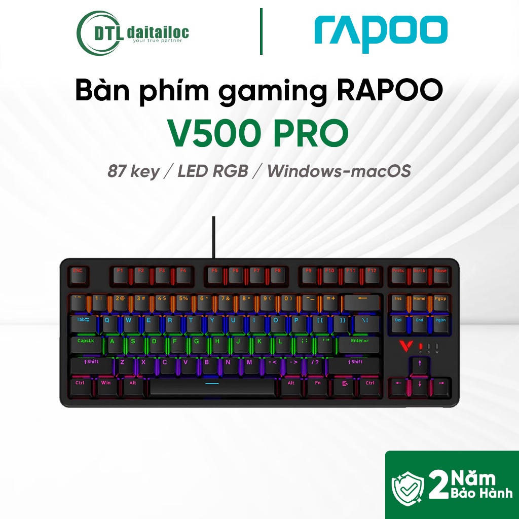 Bàn phím cơ có dây gaming Rapoo V500 Pro-87 màu Đen Led | Chính hãng | Bảo hành 24 Tháng