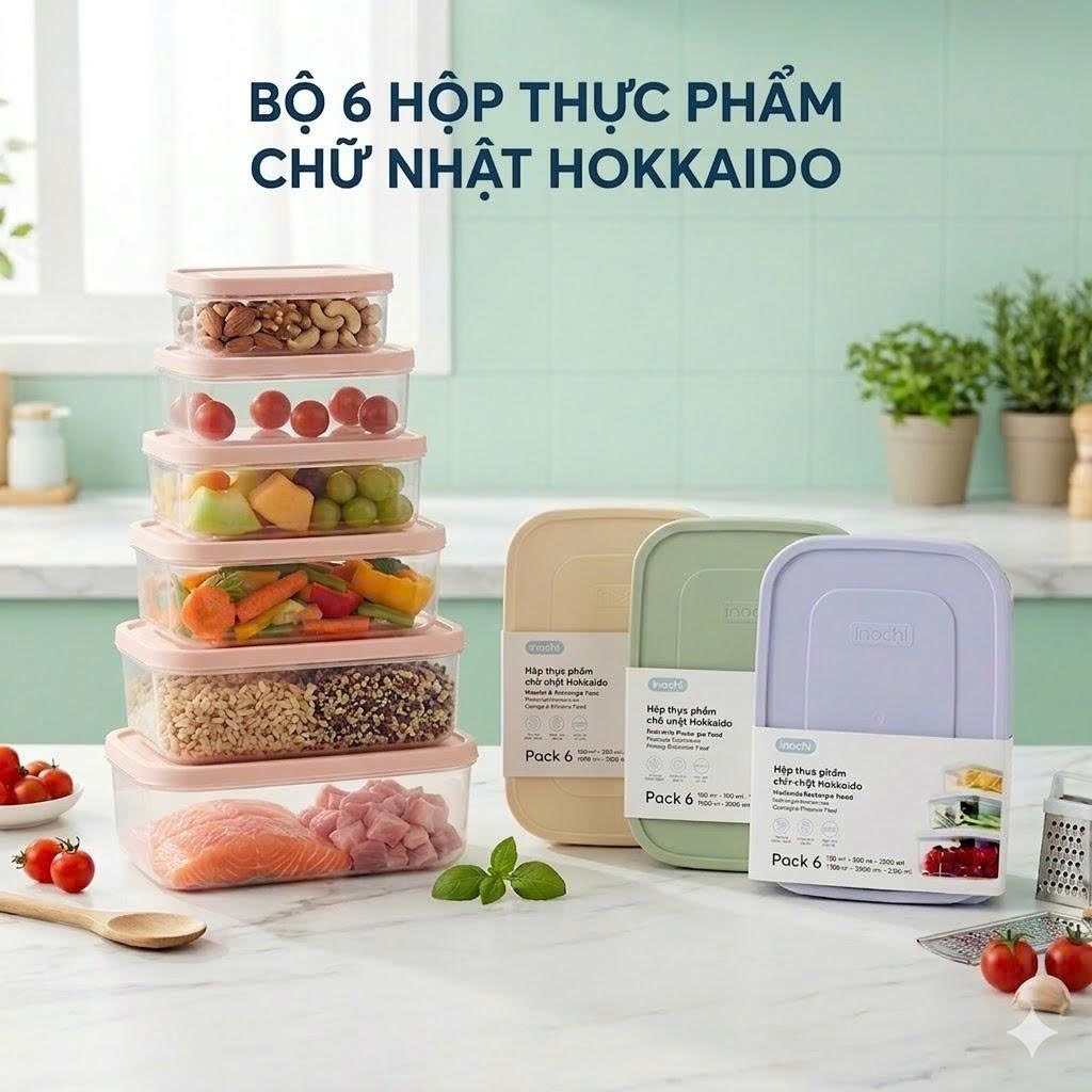 Bộ 6 Hộp Đựng Thực Phẩm Chữ Nhật Inochi: 500-750-1000-1500-2000-2500ml, Nhựa PP, An Toàn, Kín Khít