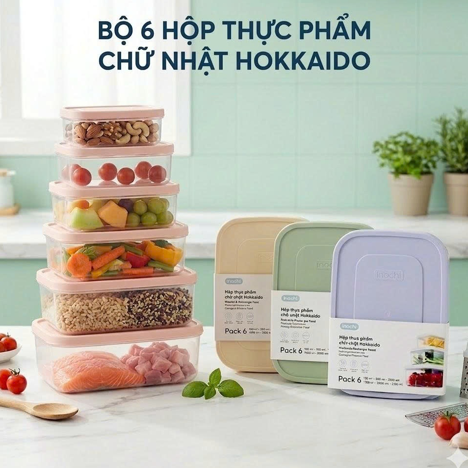 Bộ 6 hộp nhựa đựng thực phẩm chữ nhật Inochi (500-750-1000-1500-2000-2500ml)