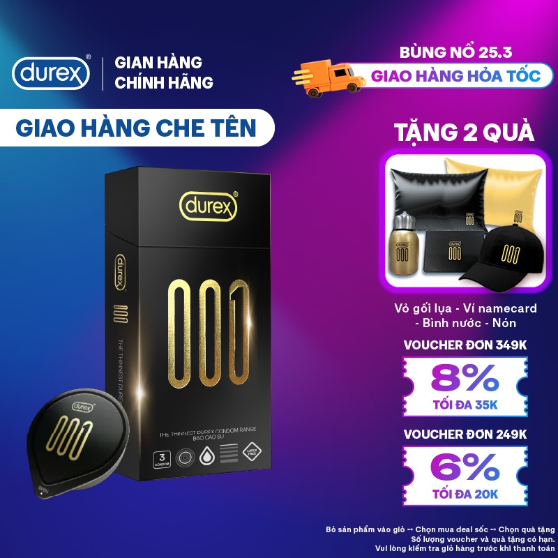 Bao Cao Su Durex 001 Siêu Mỏng, Hộp 3 Bao, Mới Ra Mắt