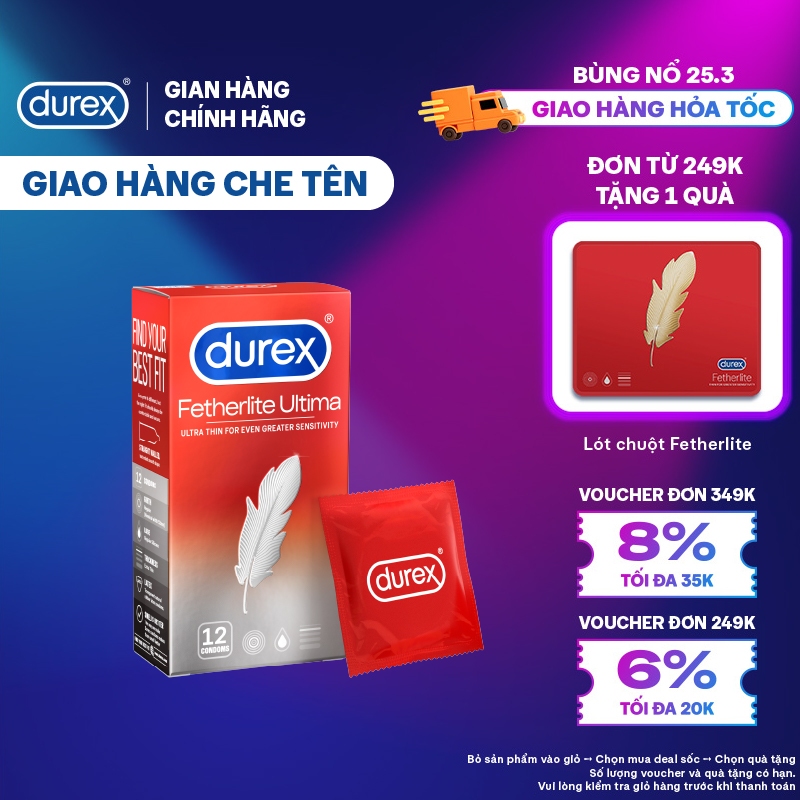 Bao cao su Durex Fetherlite Ultima siêu mỏng, size 52mm, 12 bao/hộp