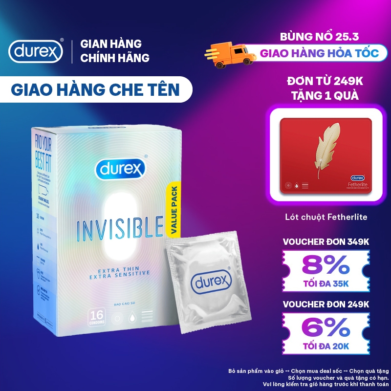 Bao Cao Su Durex Invisible Siêu Mỏng, Size 52 mm, Hộp 16 Bao Mới Ra Mắt - Hộp Lớn Siêu Tiết Kiệm